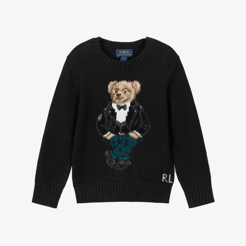 Ralph Lauren-Boys Black Cotton Polo Bear Sweater | Childrensalon