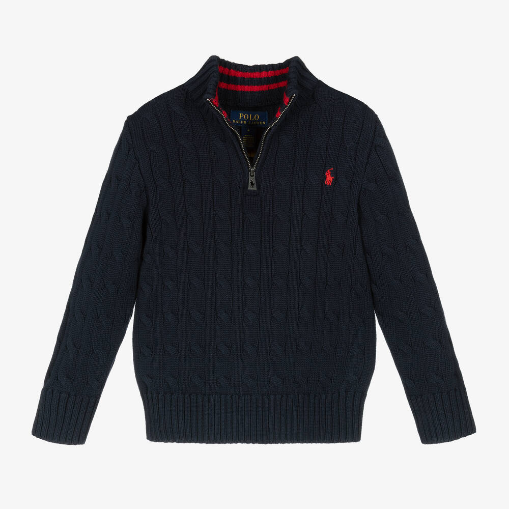 Ralph Lauren-Boys Blue Cable Knit Half-Zip Sweater | Childrensalon