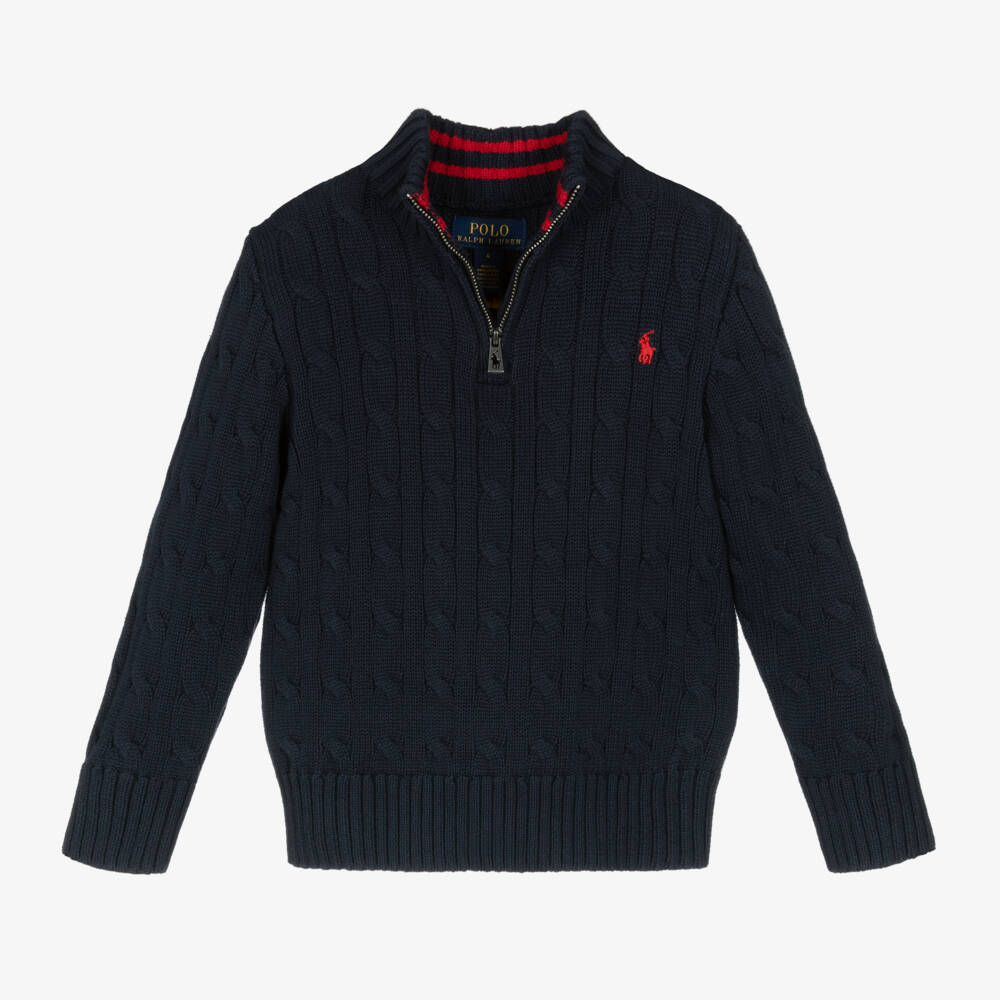 Ralph Lauren-Boys Blue Cable Knit Quarter-Zip Sweater | Childrensalon