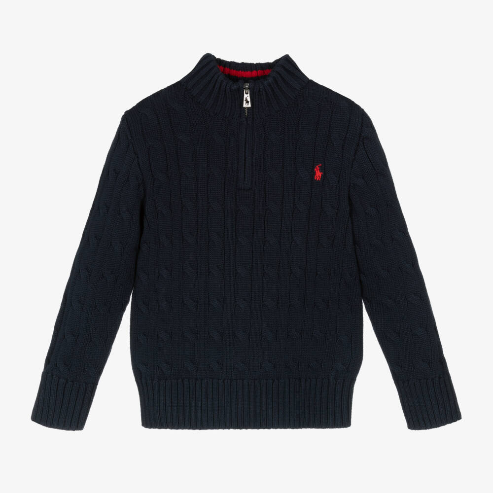 Ralph Lauren-Boys Blue Cable Knit Quarter-Zip Sweater | Childrensalon