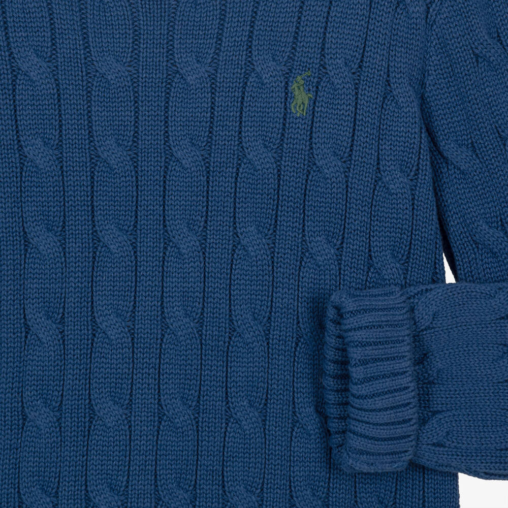 Ralph Lauren-Boys Blue Cable Knit Sweater with Crew Neck | Childrensalon