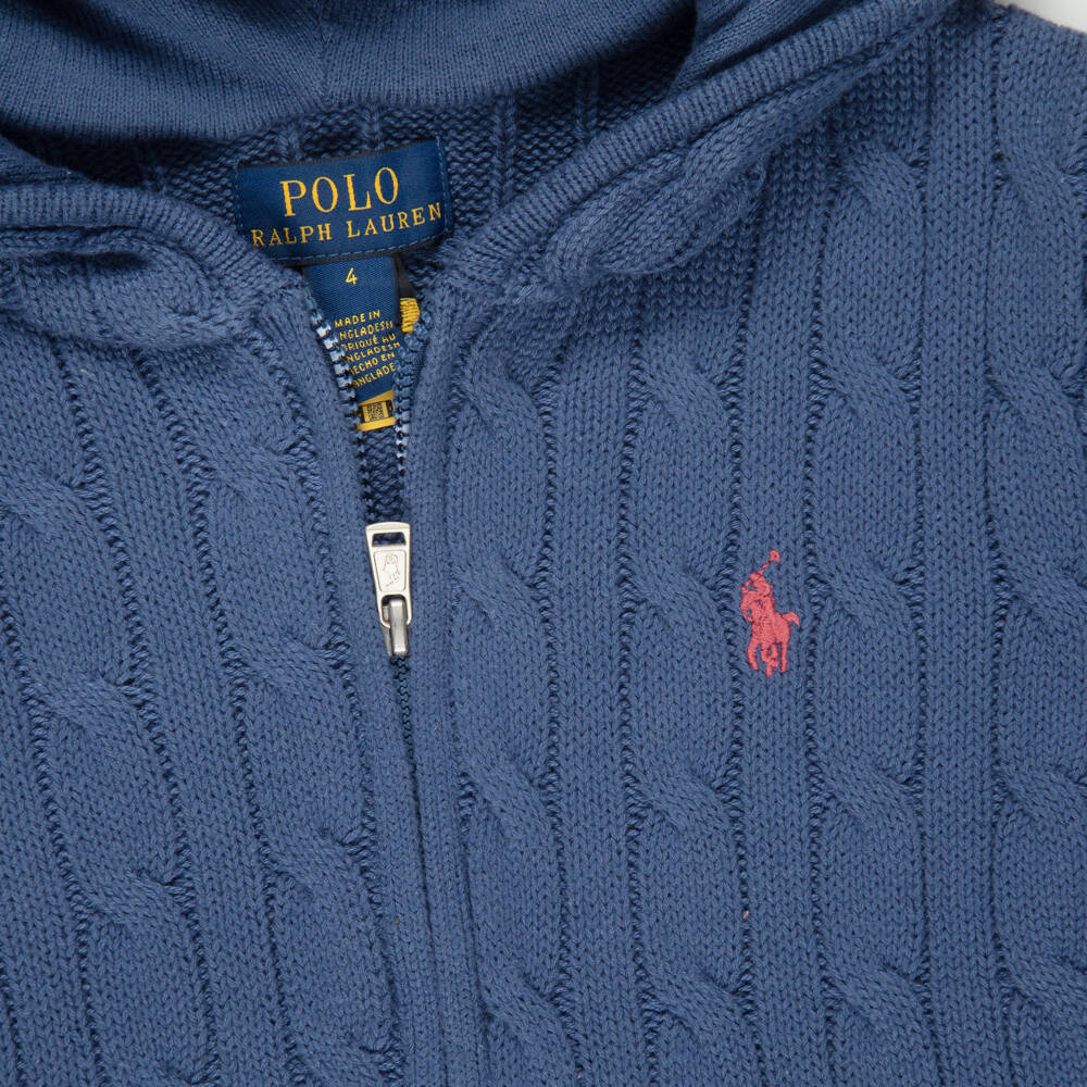 Ralph Lauren-Boys Blue Cable-Knit Zip-Up Hoodie | Childrensalon