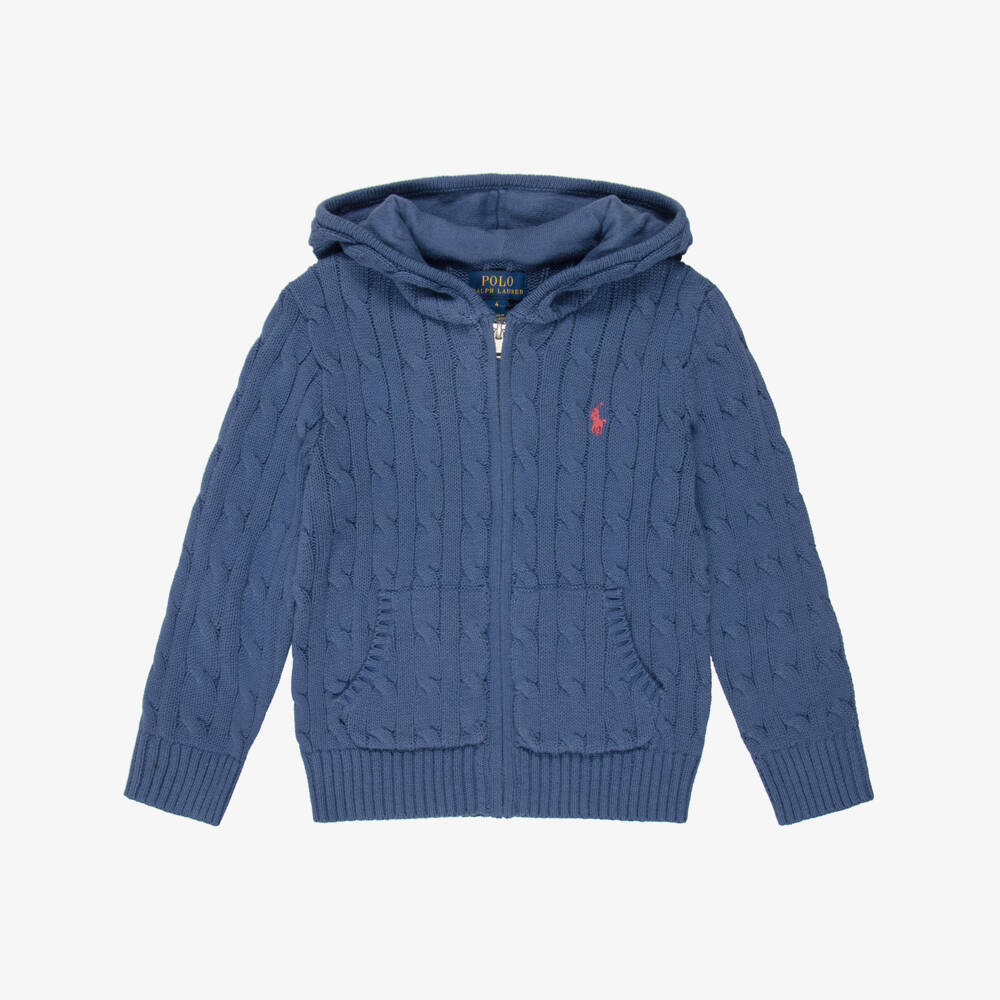Ralph Lauren-Boys Blue Cable-Knit Zip-Up Hoodie | Childrensalon
