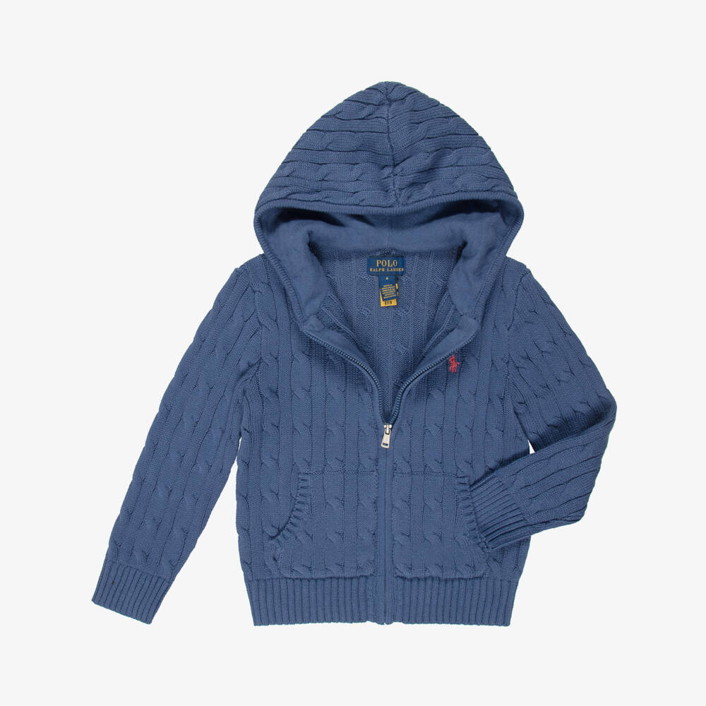 Ralph Lauren-Boys Blue Cable-Knit Zip-Up Hoodie | Childrensalon