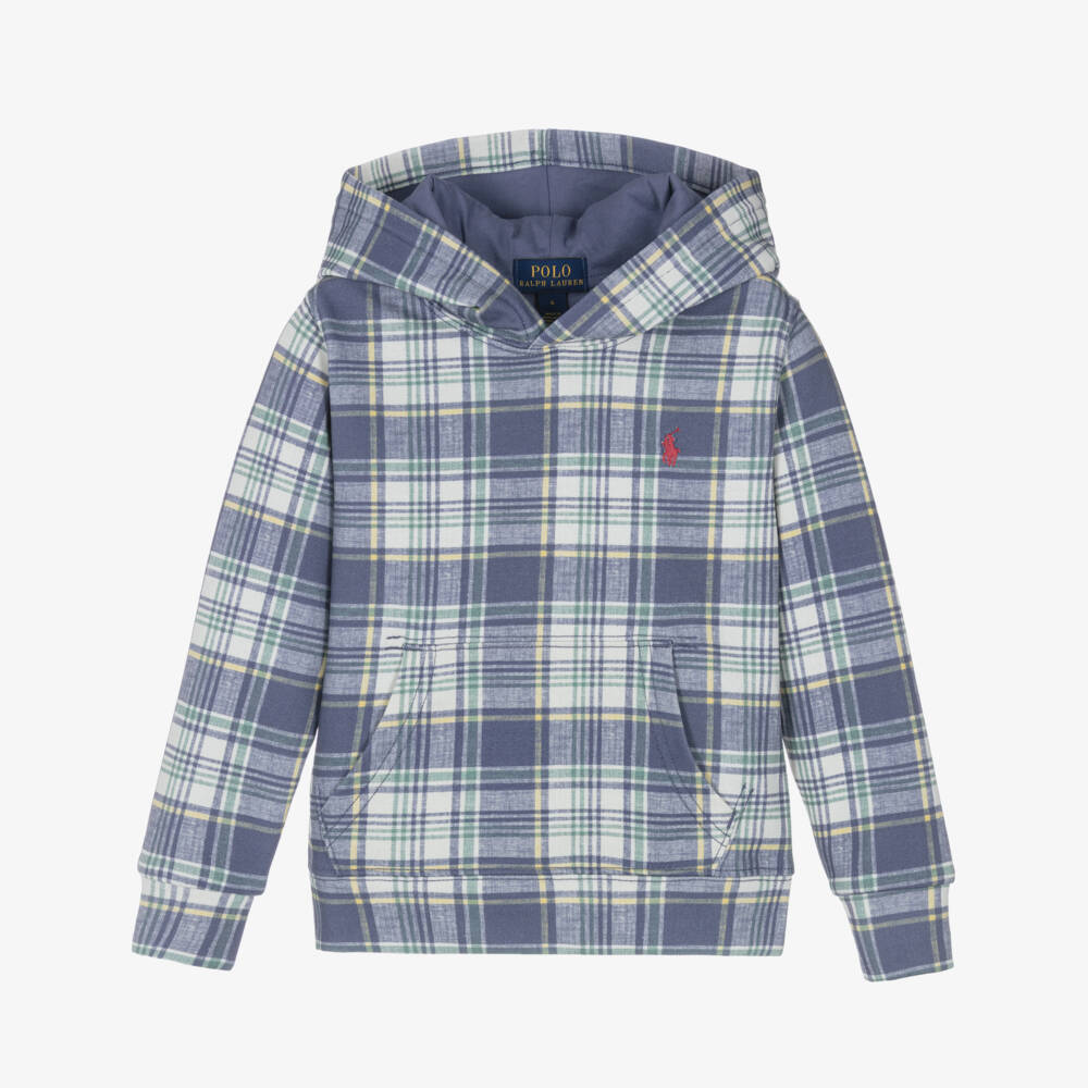 Ralph Lauren-Boys Blue Check Cotton Hoodie | Childrensalon
