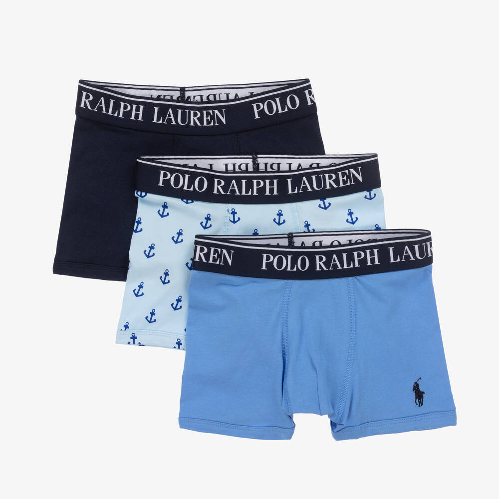 Ralph Lauren-Boys Blue Cotton Boxer Shorts (3 Pack) | Childrensalon