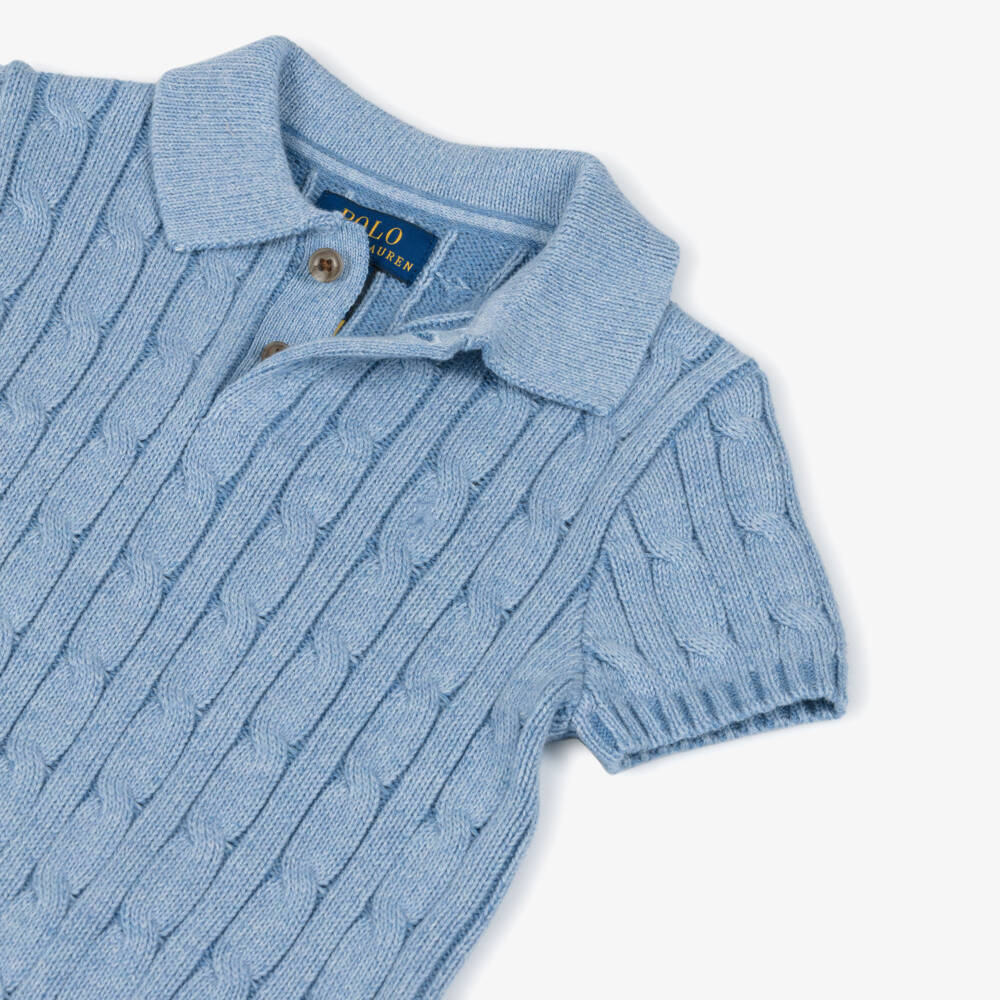 Ralph Lauren-تيشيرت بولو قطن محبوك كابل لون أزرق للأولاد | Childrensalon