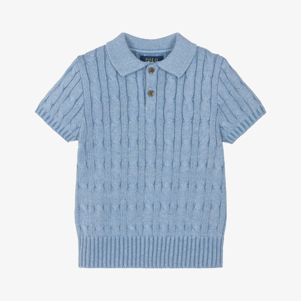 Ralph Lauren-Boys Blue Cotton Cable Knit Polo Shirt | Childrensalon