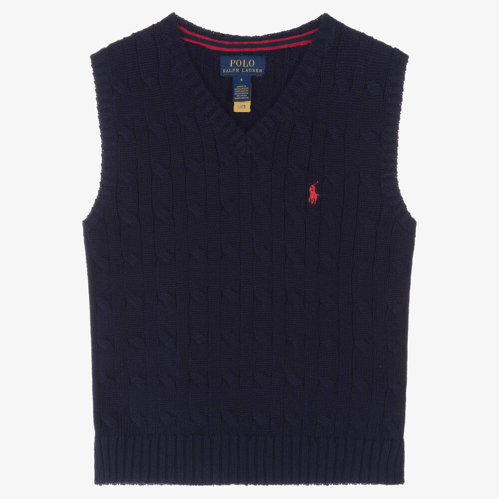 Ralph Lauren-Boys Blue Cotton Cable Knit Slipover | Childrensalon