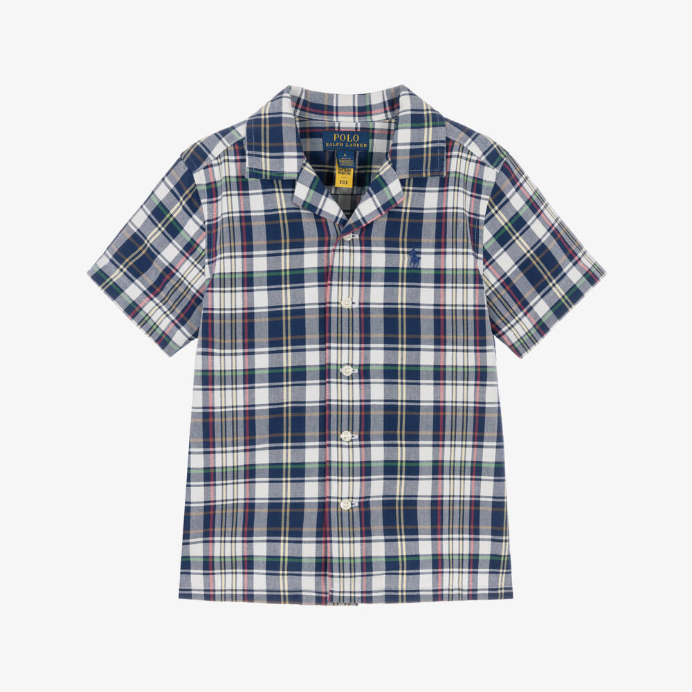 Ralph Lauren-Boys Blue Cotton Check Short-Sleeved Shirt | Childrensalon