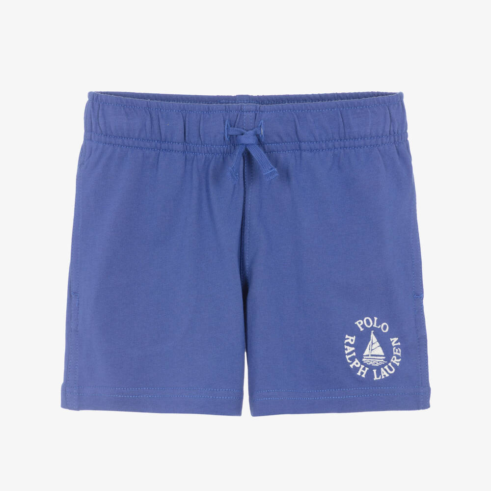 Ralph Lauren-Boys Blue Cotton Jersey Shorts with White Logo Embroidery | Childrensalon