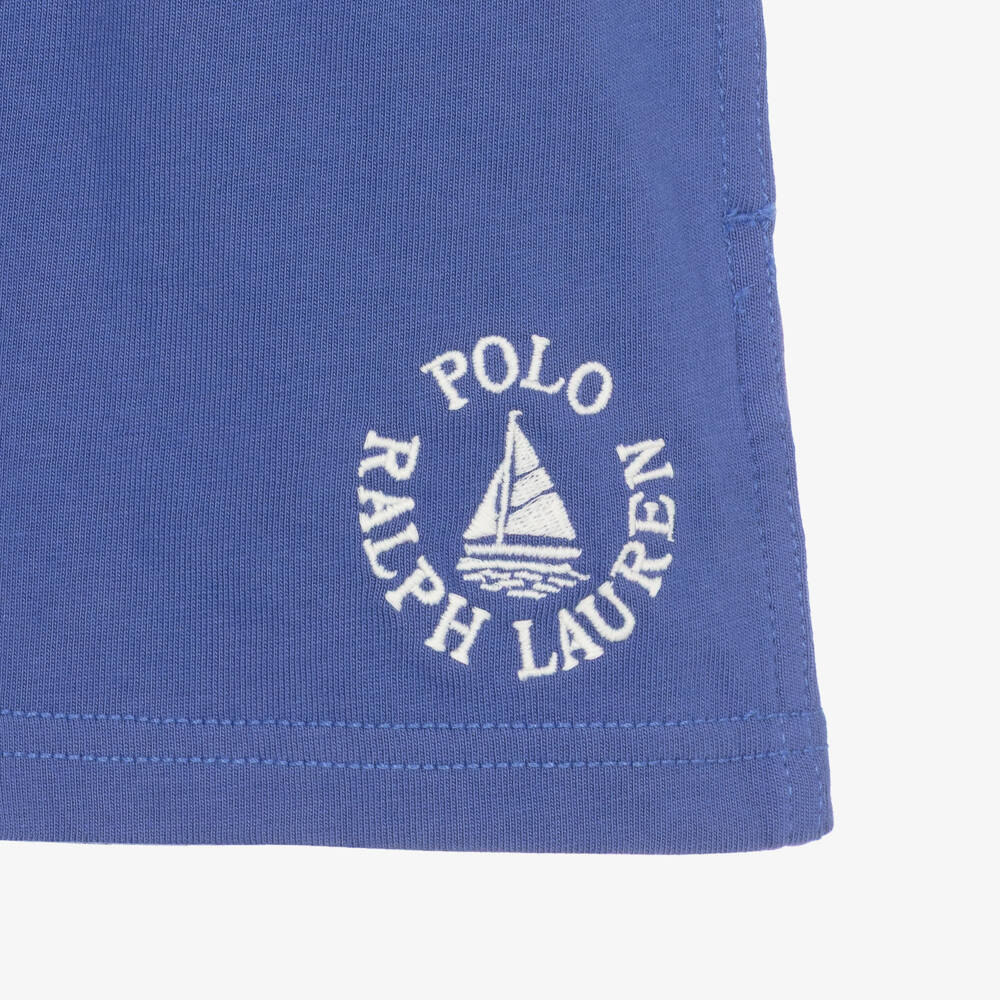 Ralph Lauren-Boys Blue Cotton Jersey Shorts with White Logo Embroidery | Childrensalon