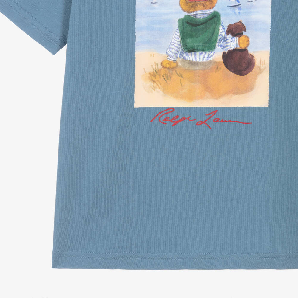 Ralph Lauren-Boys Blue Cotton Jersey T-Shirt with Seaside Polo Bear Print | Childrensalon