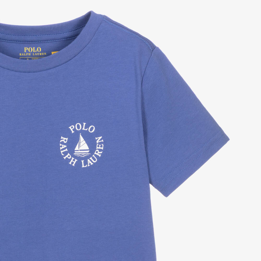 Ralph Lauren-Boys Blue Cotton Jersey T-Shirt with White Boat Logo Print | Childrensalon