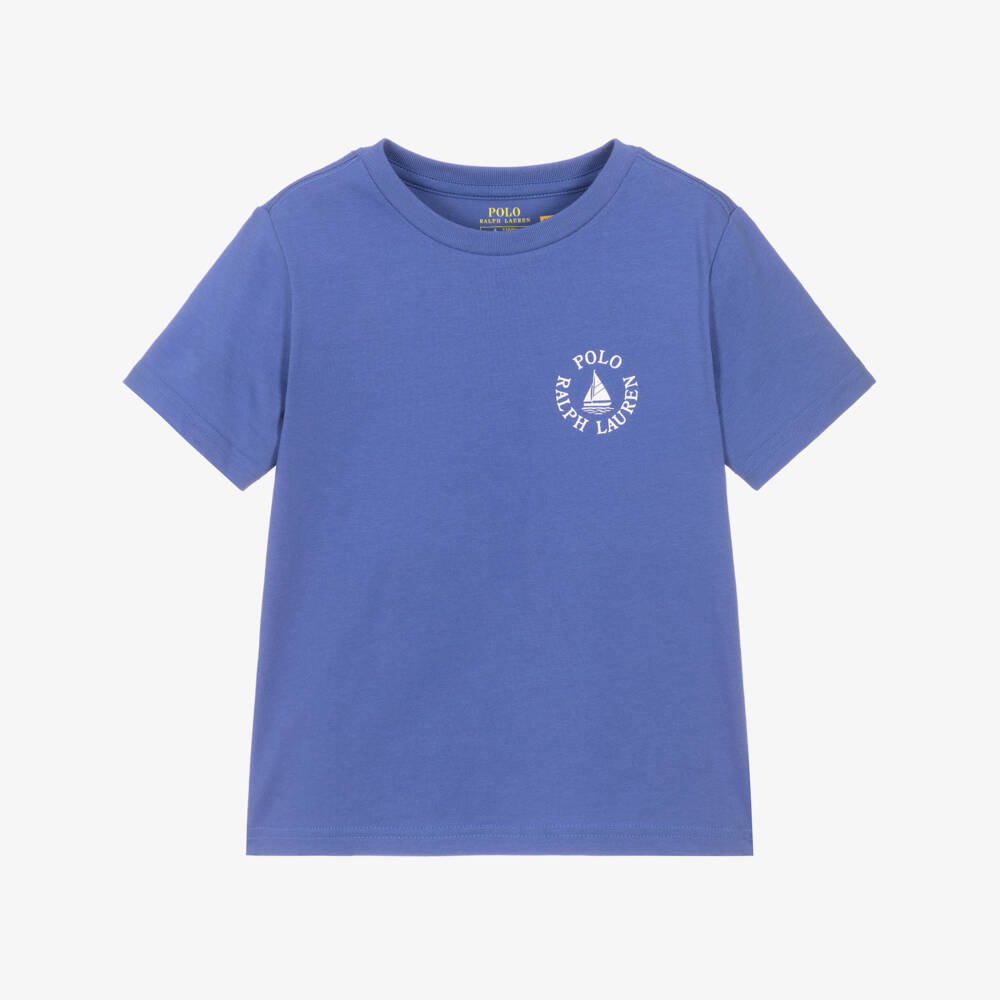 Ralph Lauren-Boys Blue Cotton Jersey T-Shirt with White Boat Logo Print | Childrensalon