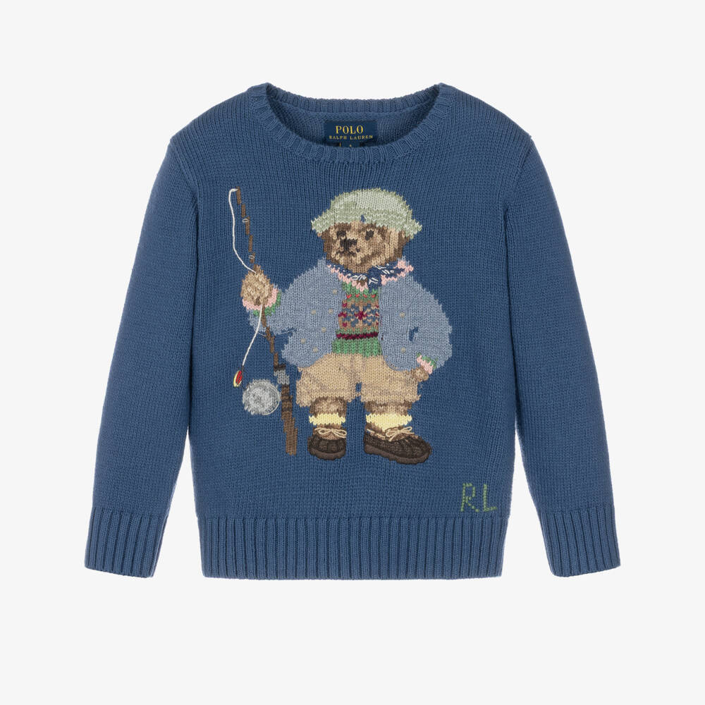 Ralph Lauren-Boys Blue Cotton Knit Polo Bear Sweater | Childrensalon