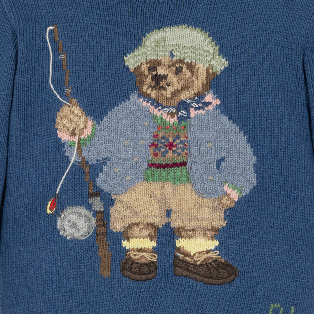 Ralph Lauren-Boys Blue Cotton Knit Polo Bear Sweater | Childrensalon