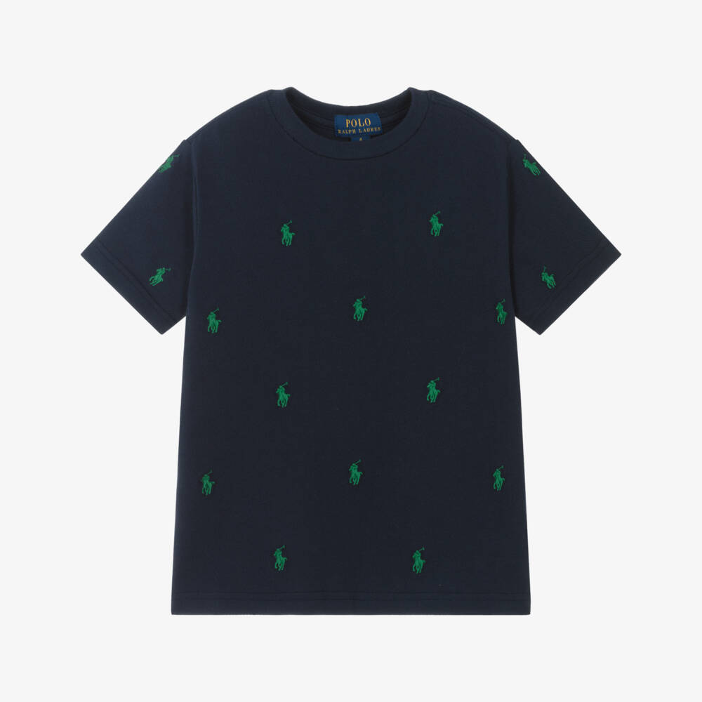 Ralph Lauren-Boys Blue Cotton Piqué T-Shirt with Embroidered Pony Logos | Childrensalon