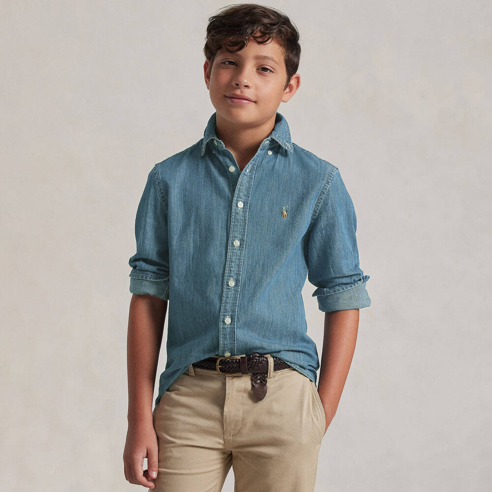 Ralph Lauren-قميص قطن دنيم لون أزرق للأولاد | Childrensalon