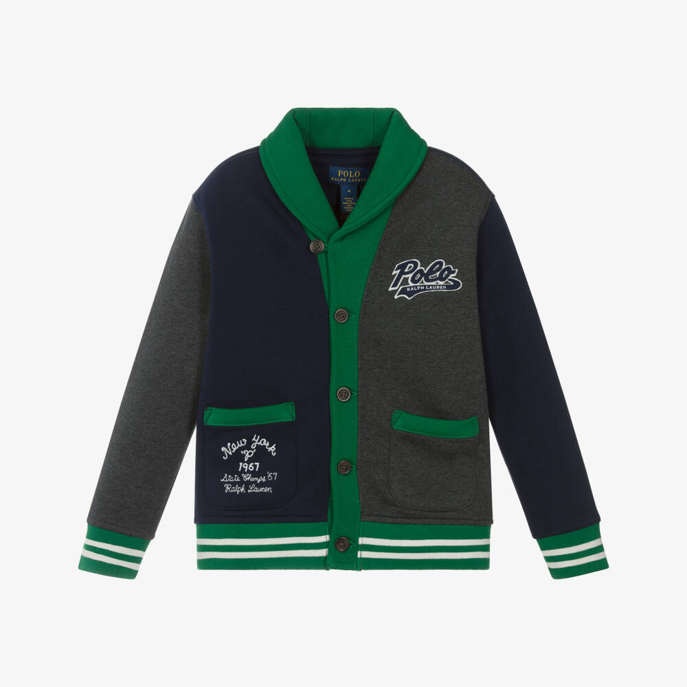 Ralph Lauren-Boys Blue & Green Colourblock Jersey Cardigan | Childrensalon