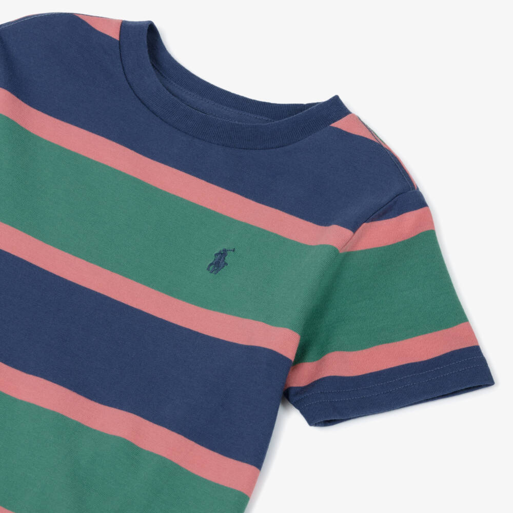 Ralph Lauren-Boys Blue, Green & Pink Cotton Stripe T-Shirt | Childrensalon