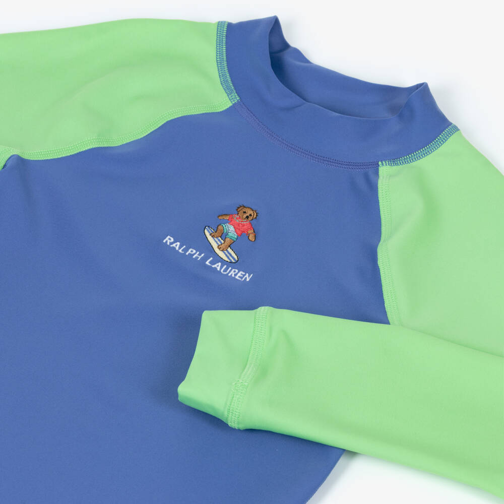 Ralph Lauren-Boys Blue & Green Polo Bear Swim Top (UPF50) | Childrensalon