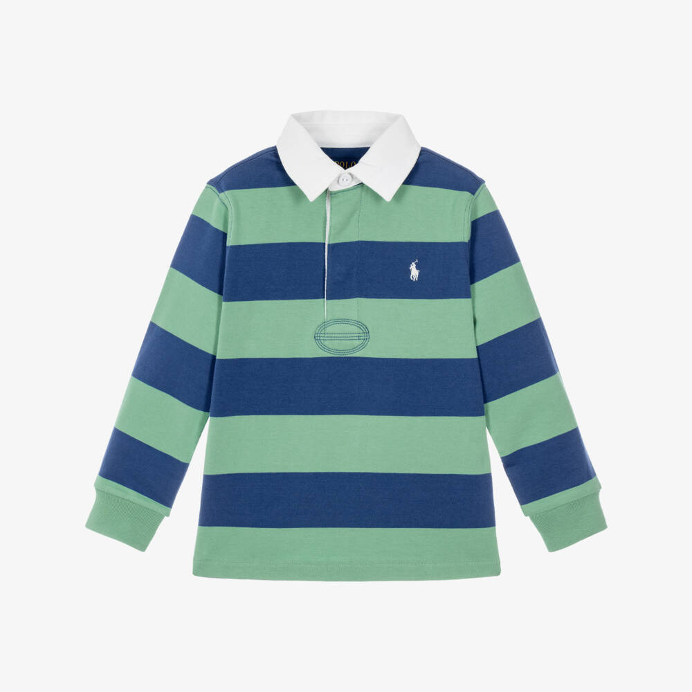 Ralph Lauren-Boys Blue & Green Striped Cotton Rugby Shirt | Childrensalon