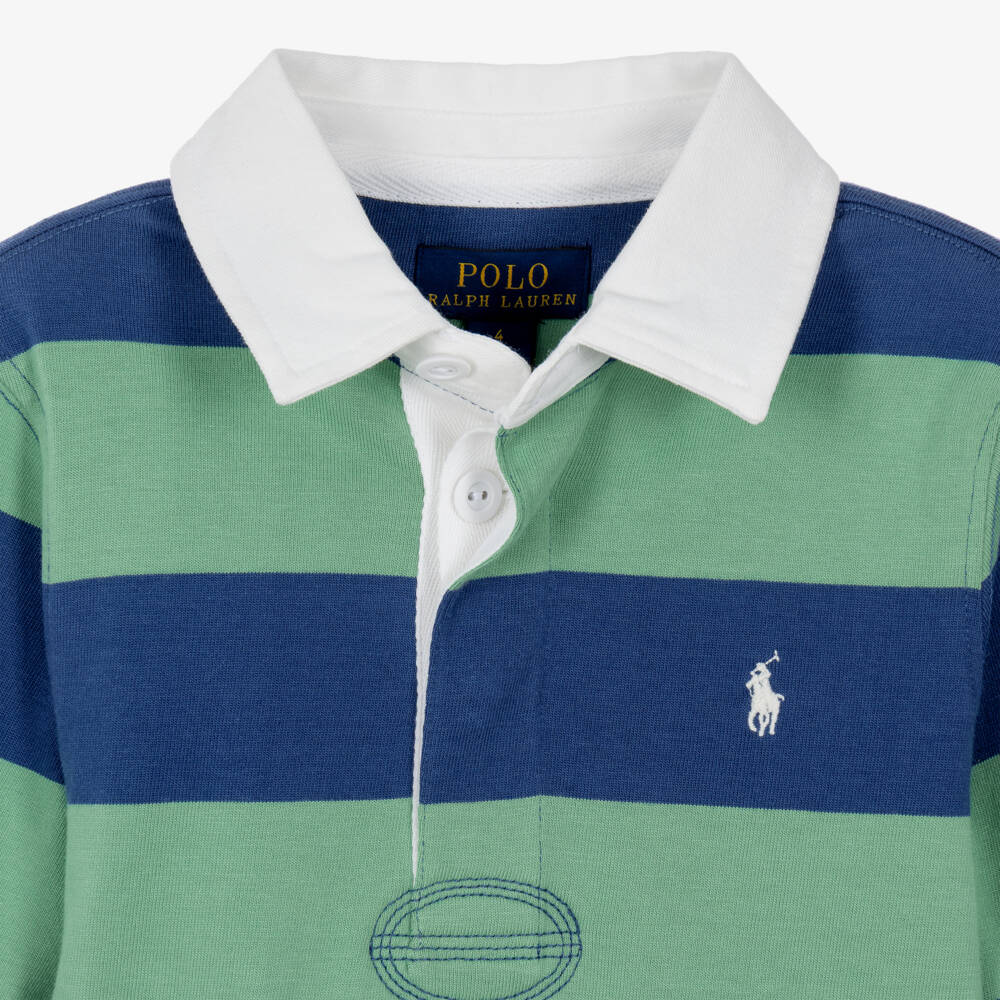 Ralph Lauren-Boys Blue & Green Striped Cotton Rugby Shirt | Childrensalon