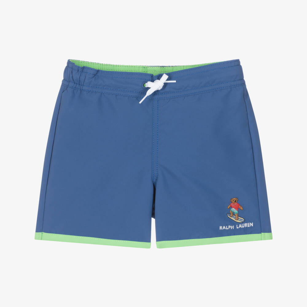 Ralph Lauren-Boys Blue & Green Swim Shorts with Polo Bear | Childrensalon