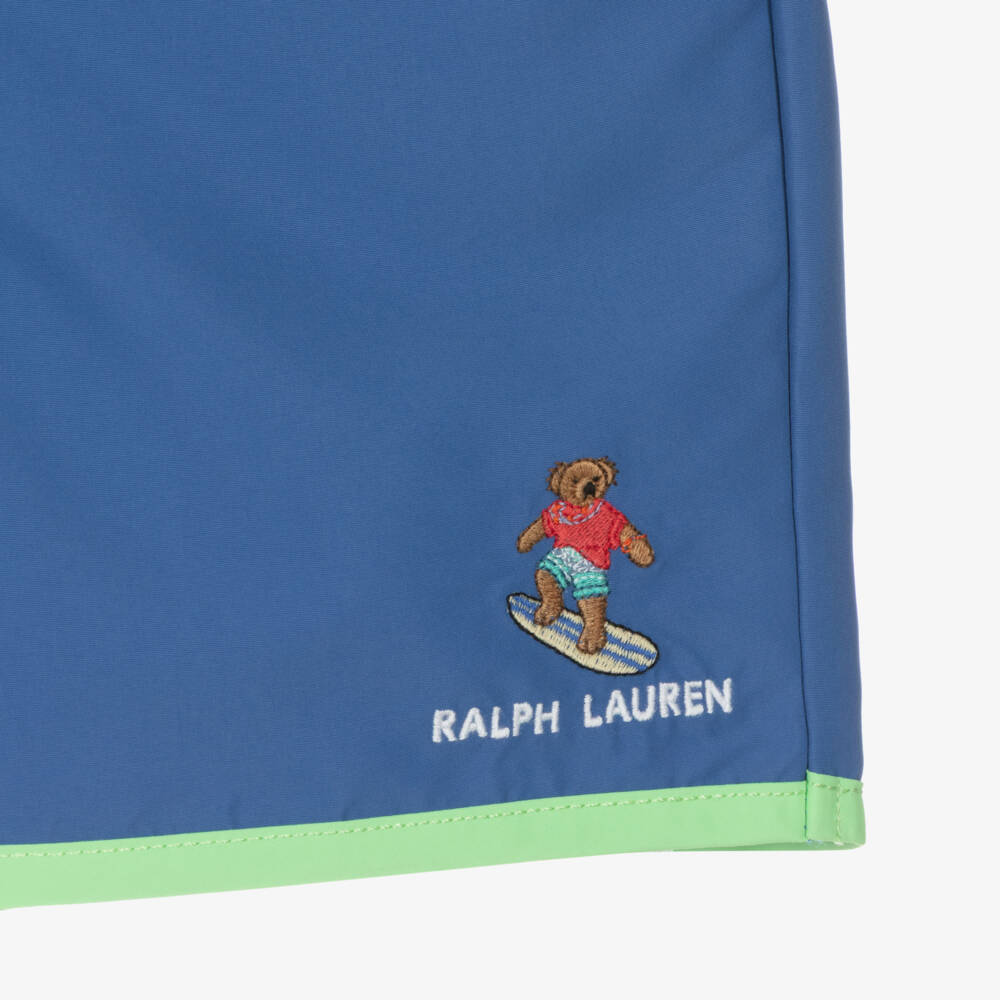 Ralph Lauren-Boys Blue & Green Swim Shorts with Polo Bear | Childrensalon
