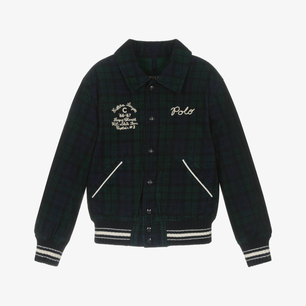 Ralph Lauren-Boys Blue & Green Tartan Corduroy Bomber Jacket | Childrensalon
