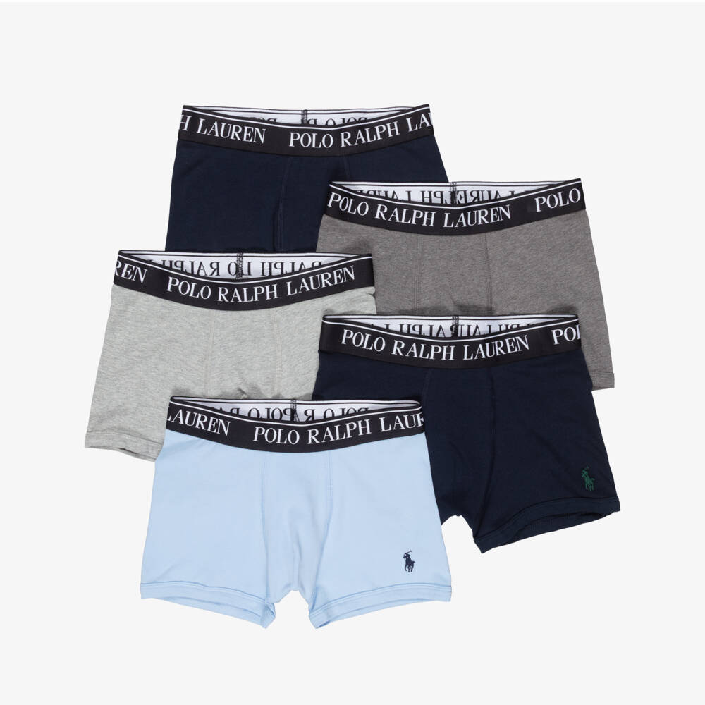 Ralph Lauren-Boys Blue & Grey Cotton Boxer Shorts (5 Pack) | Childrensalon