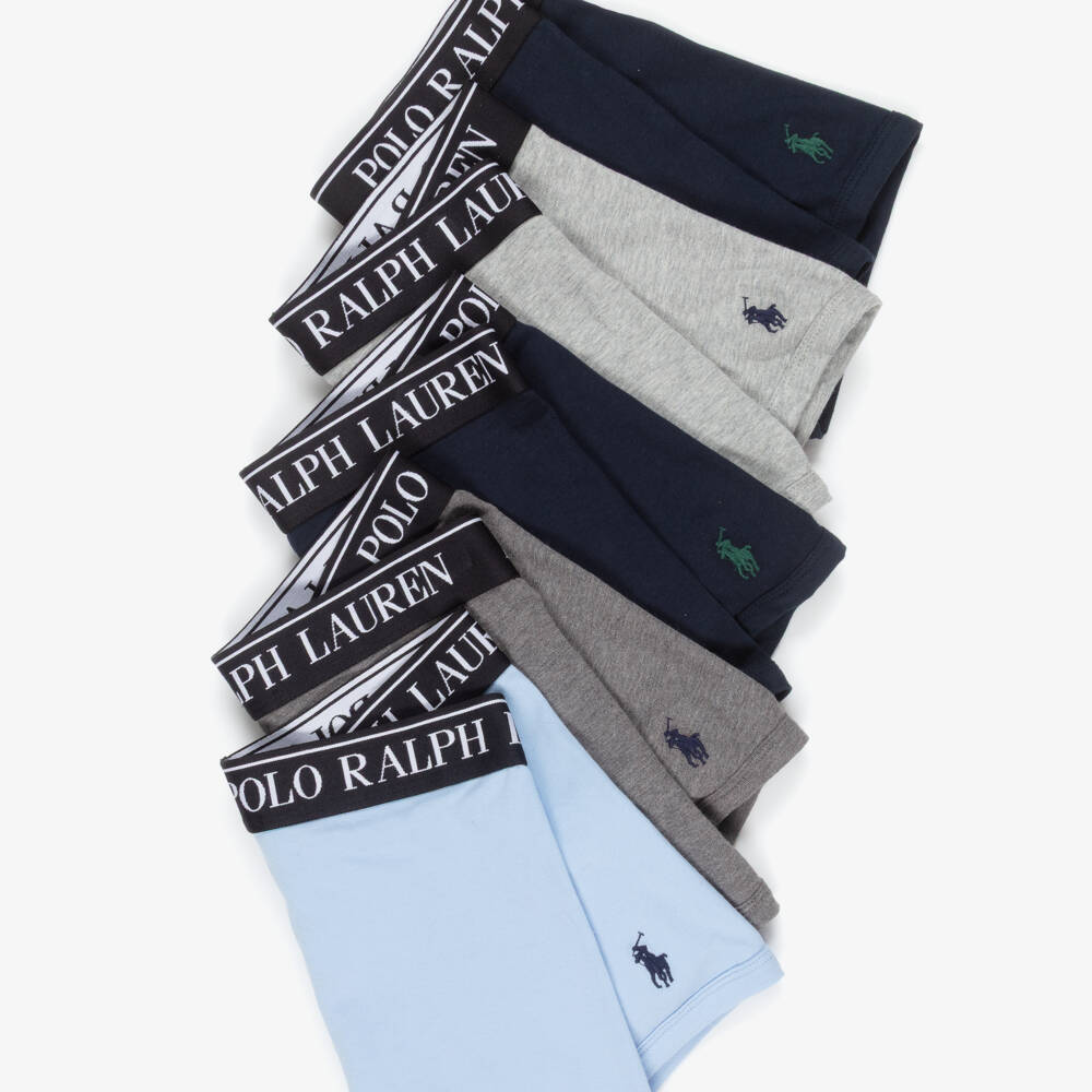 Ralph Lauren-Boys Blue & Grey Cotton Boxer Shorts (5 Pack) | Childrensalon
