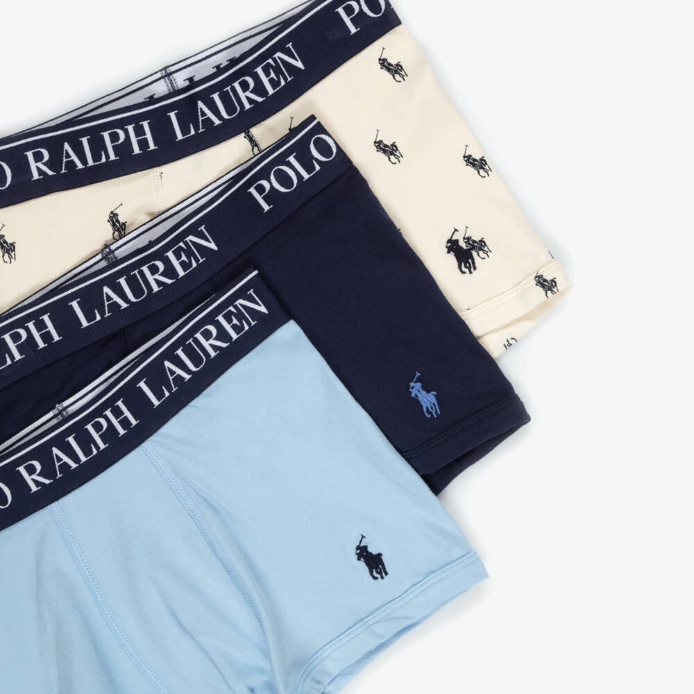 Ralph Lauren-Boys Blue & Ivory Cotton Pony Boxer Shorts (3 Pack) | Childrensalon