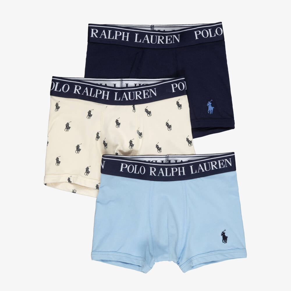 Ralph Lauren-Boys Blue & Ivory Cotton Pony Boxer Shorts (3 Pack) | Childrensalon