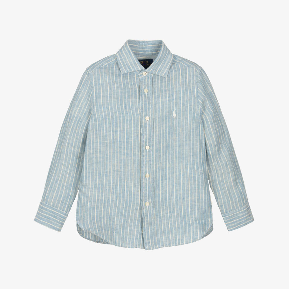 Ralph Lauren-Boys Blue & Ivory Striped Linen Shirt | Childrensalon