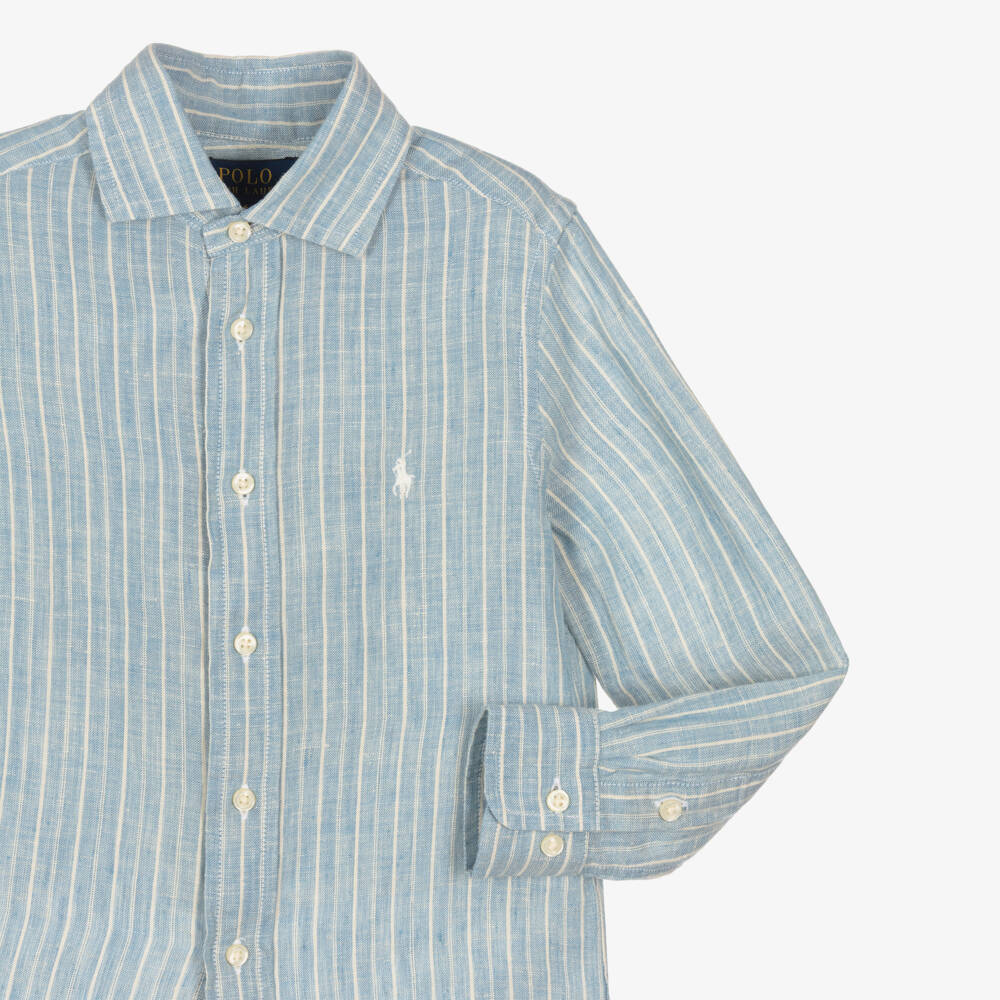 Ralph Lauren-Boys Blue & Ivory Striped Linen Shirt | Childrensalon