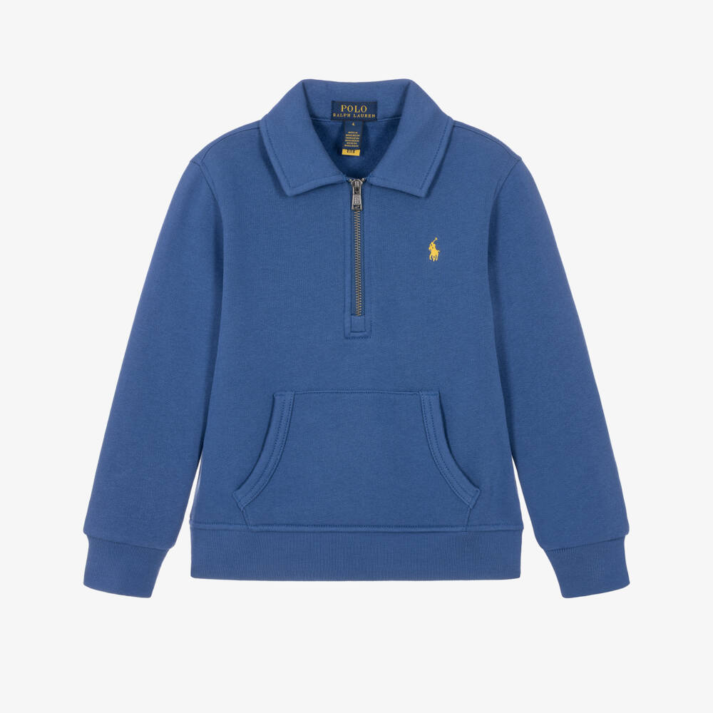 Ralph Lauren-Boys Blue Jersey Quarter-Zip Sweatshirt | Childrensalon