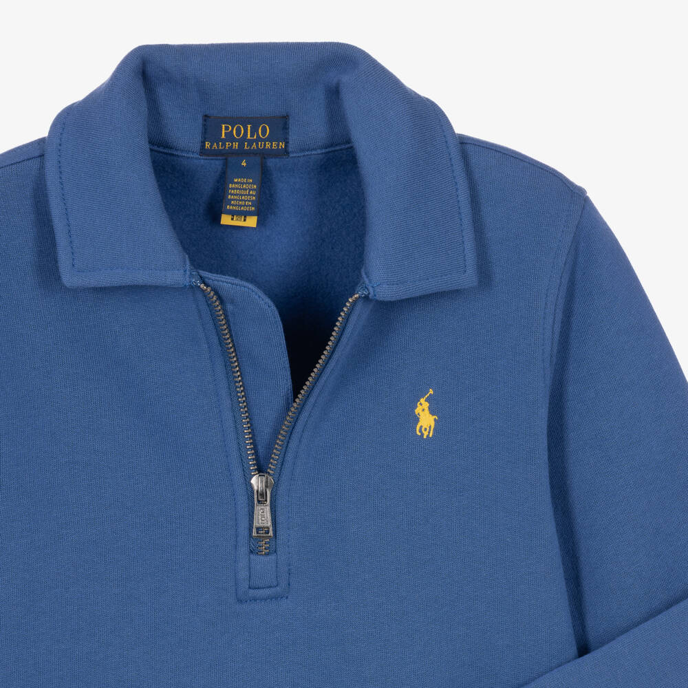 Ralph Lauren-Boys Blue Jersey Quarter-Zip Sweatshirt | Childrensalon