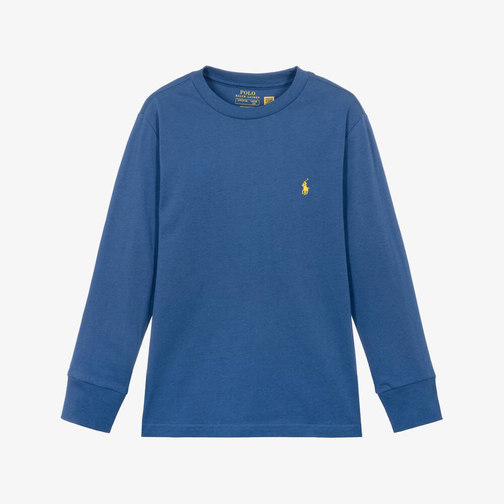 Ralph Lauren-Boys Blue Long-Sleeved Cotton Top with Pony Logo | Childrensalon