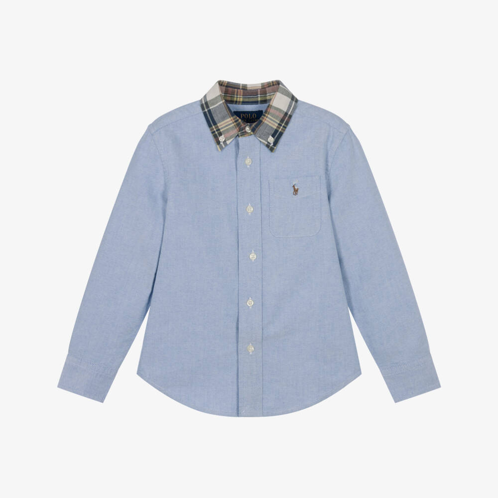 Ralph Lauren-Boys Blue Oxford Cotton Shirt with Check Collar | Childrensalon