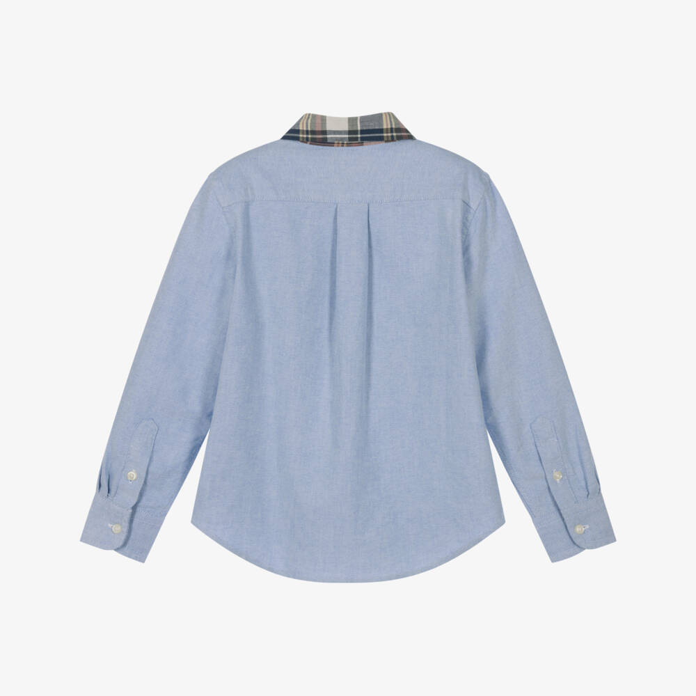 Ralph Lauren-Boys Blue Oxford Cotton Shirt with Check Collar | Childrensalon