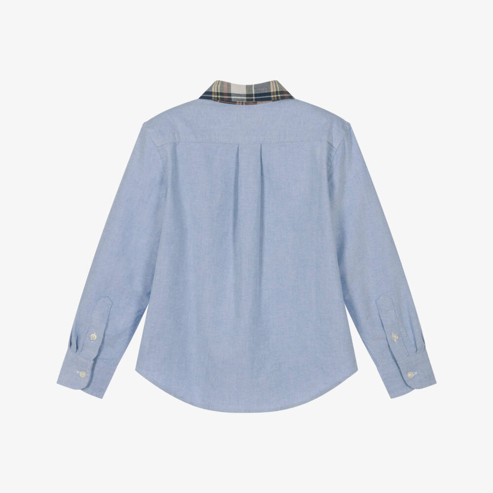 Ralph Lauren-Boys Blue Oxford Cotton Shirt with Check Collar | Childrensalon