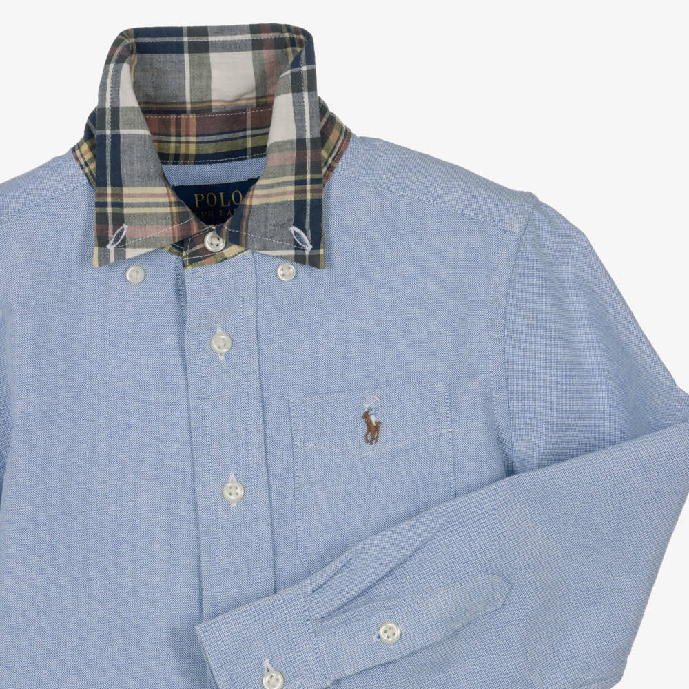 Ralph Lauren-Boys Blue Oxford Cotton Shirt with Check Collar | Childrensalon