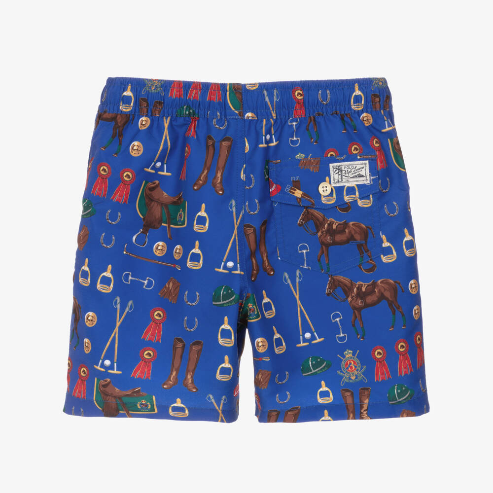 Ralph Lauren-Boys Blue Polo Print Swim Shorts | Childrensalon
