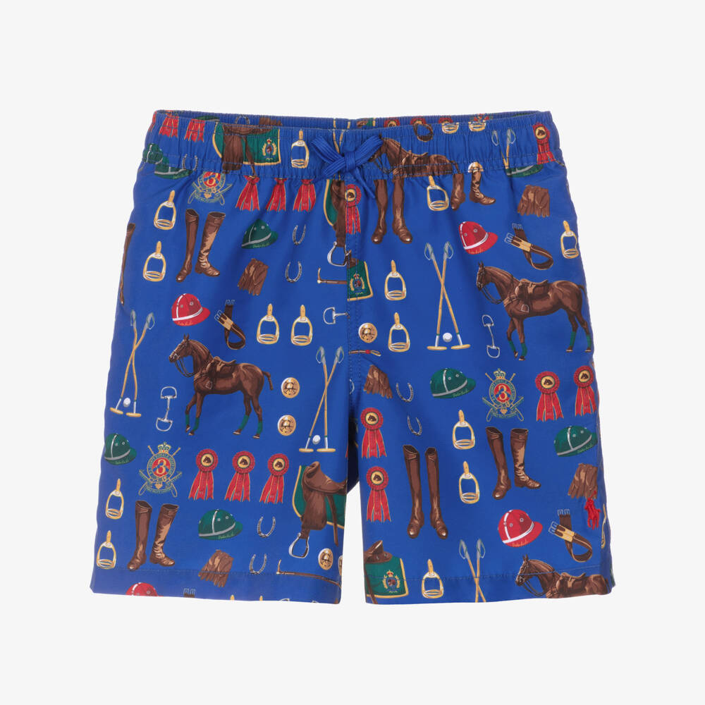 Ralph Lauren-Boys Blue Polo Print Swim Shorts | Childrensalon
