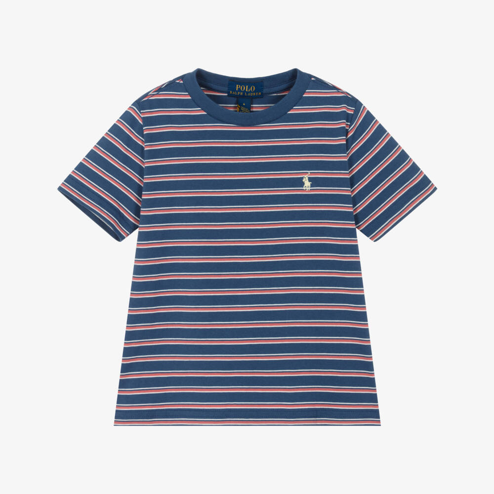 Ralph Lauren-Boys Blue & Red Striped Cotton T-Shirt | Childrensalon