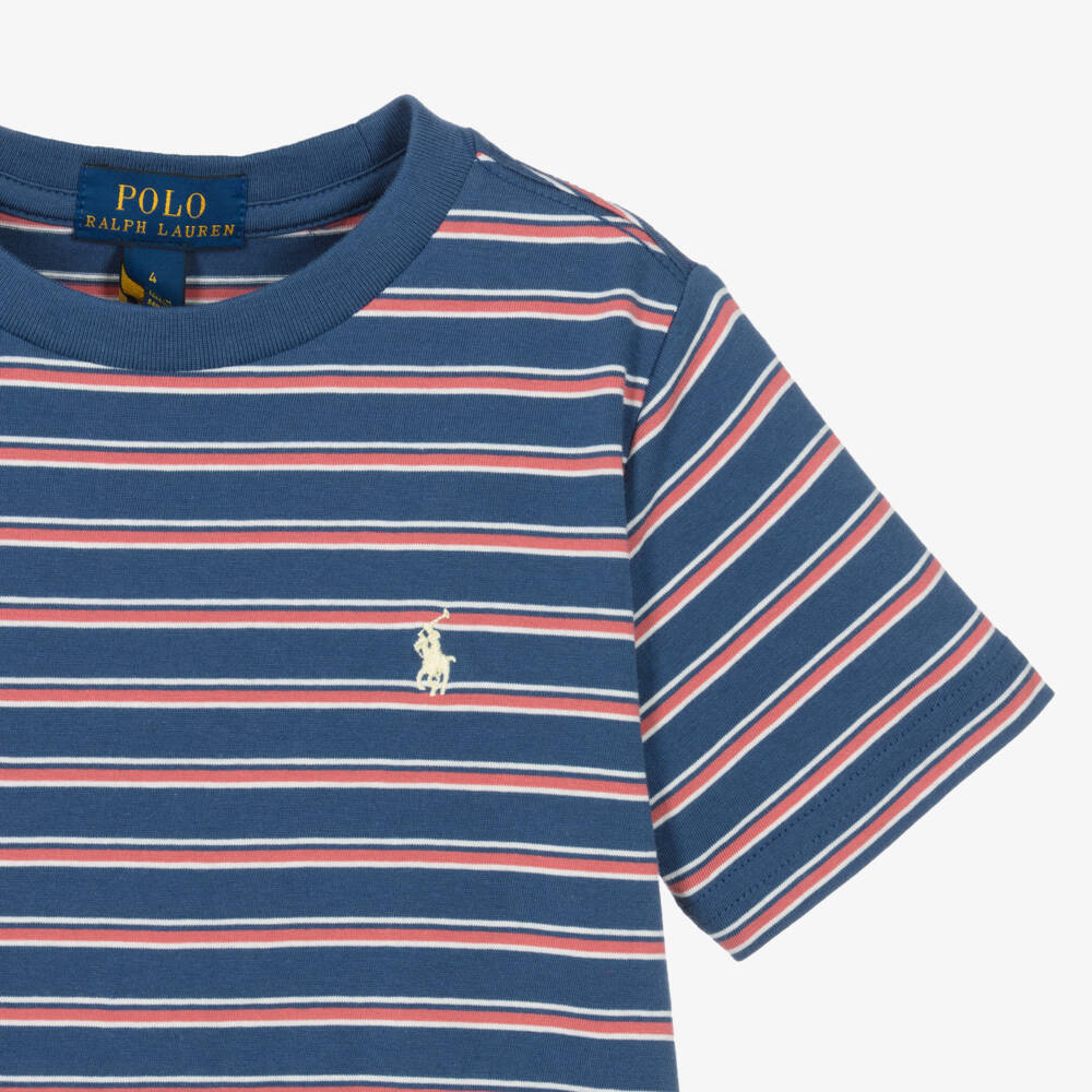 Ralph Lauren-Boys Blue & Red Striped Cotton T-Shirt | Childrensalon
