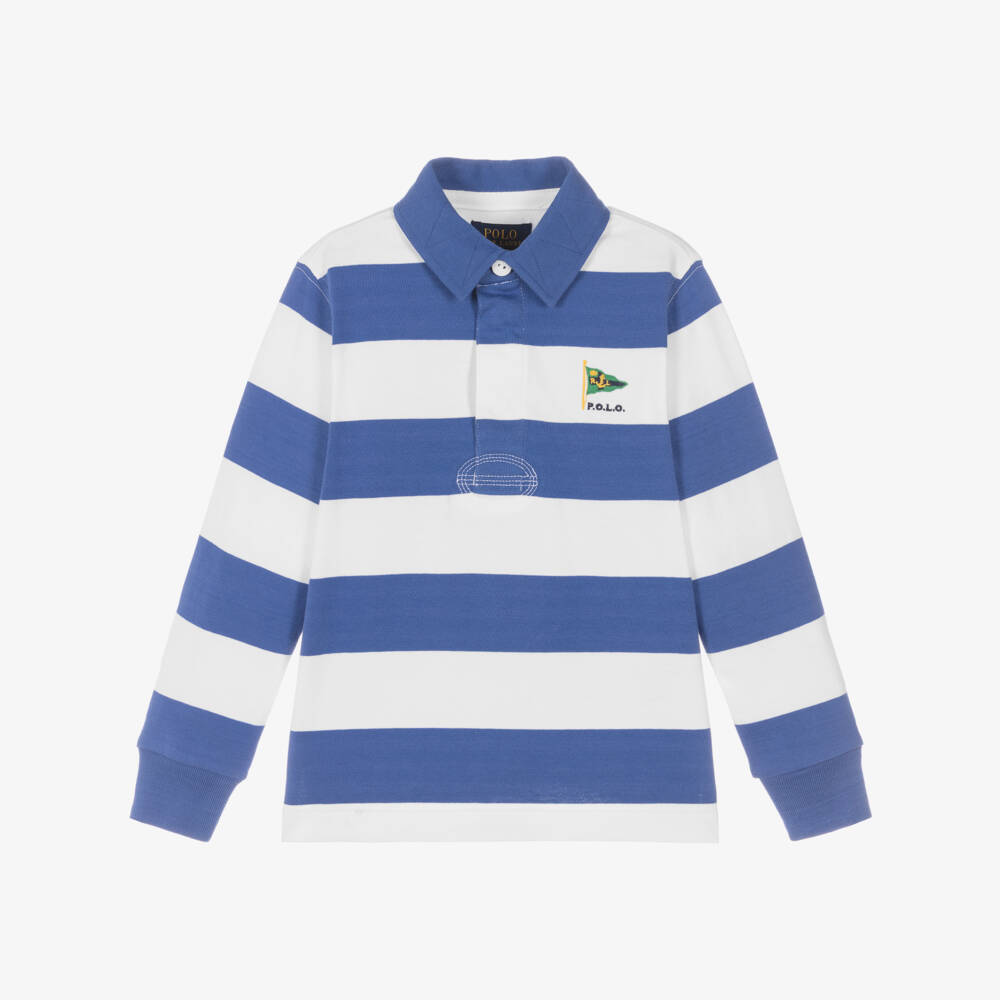 Ralph Lauren-Boys Blue Striped Cotton Long Sleeve Rugby Shirt | Childrensalon