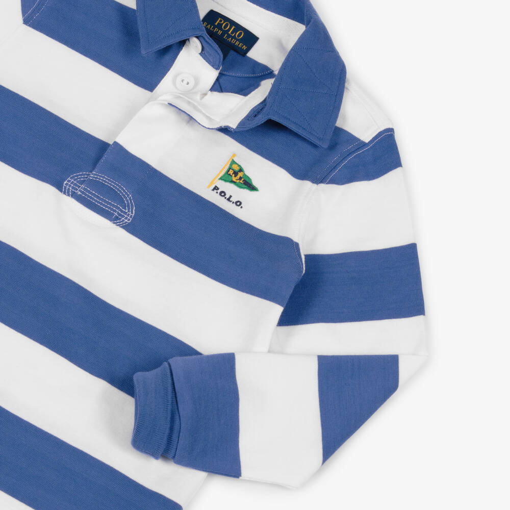 Ralph Lauren-Boys Blue Striped Cotton Long Sleeve Rugby Shirt | Childrensalon